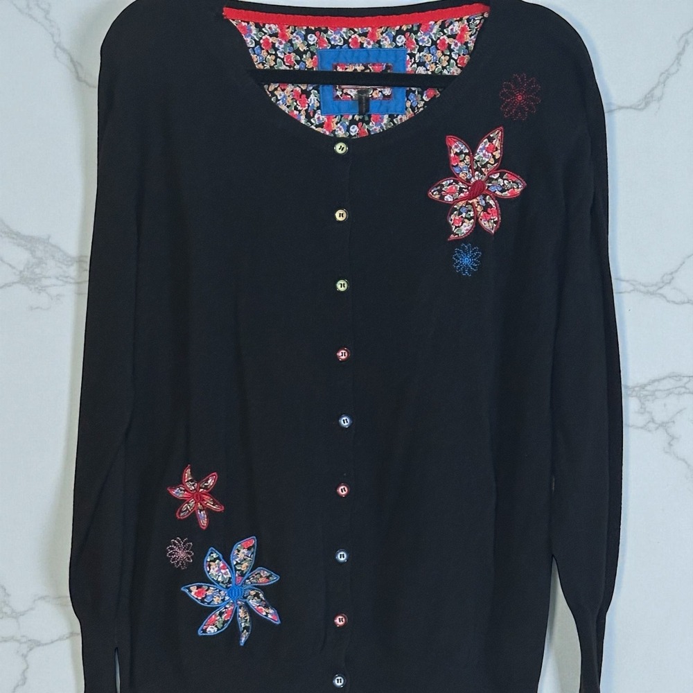 Joe Browns 22/24 Black Embroidered Floral Button Front Long Sleeve Cardigan